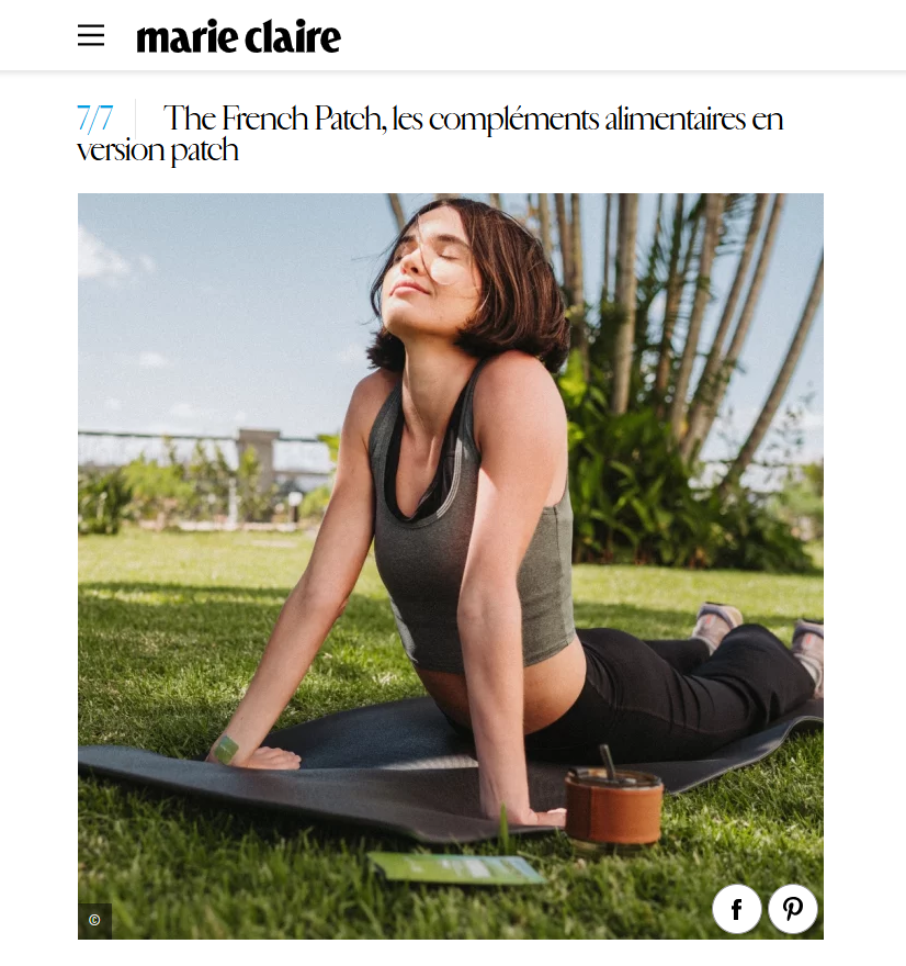 Femme en posture de yoga, patch Relax The French Patch visible sur le poignet, mise en avant dans Marie Claire.