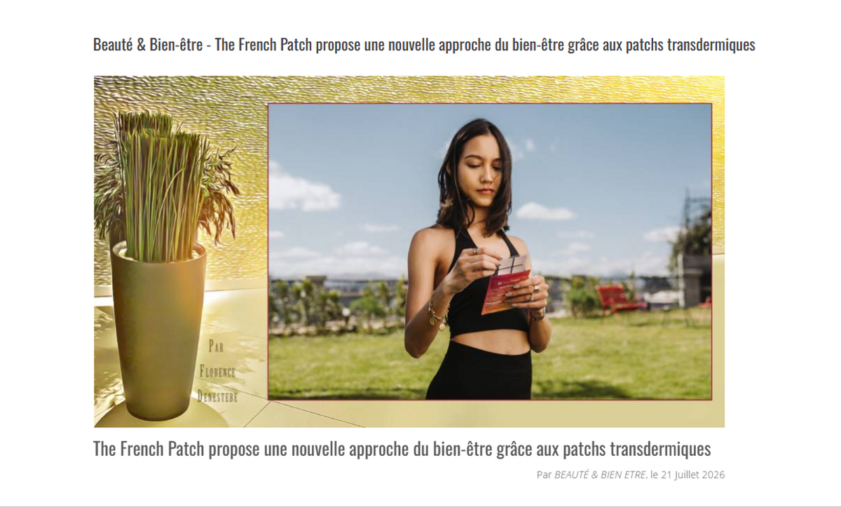 Femme en tenue de sport ouvrant un sachet patch Energy The French Patch en extérieur, photo utilisée dans l'article de presse Occitanie Tribune.