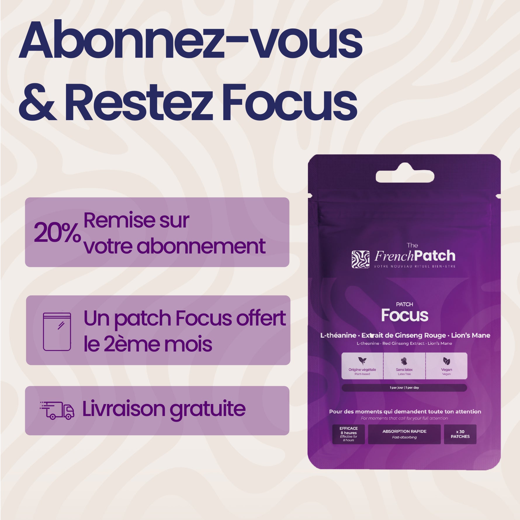 Abonnement Patch Focus The French Patch – 20% de remise, livraison gratuite, patch offert le 2ème mois.
