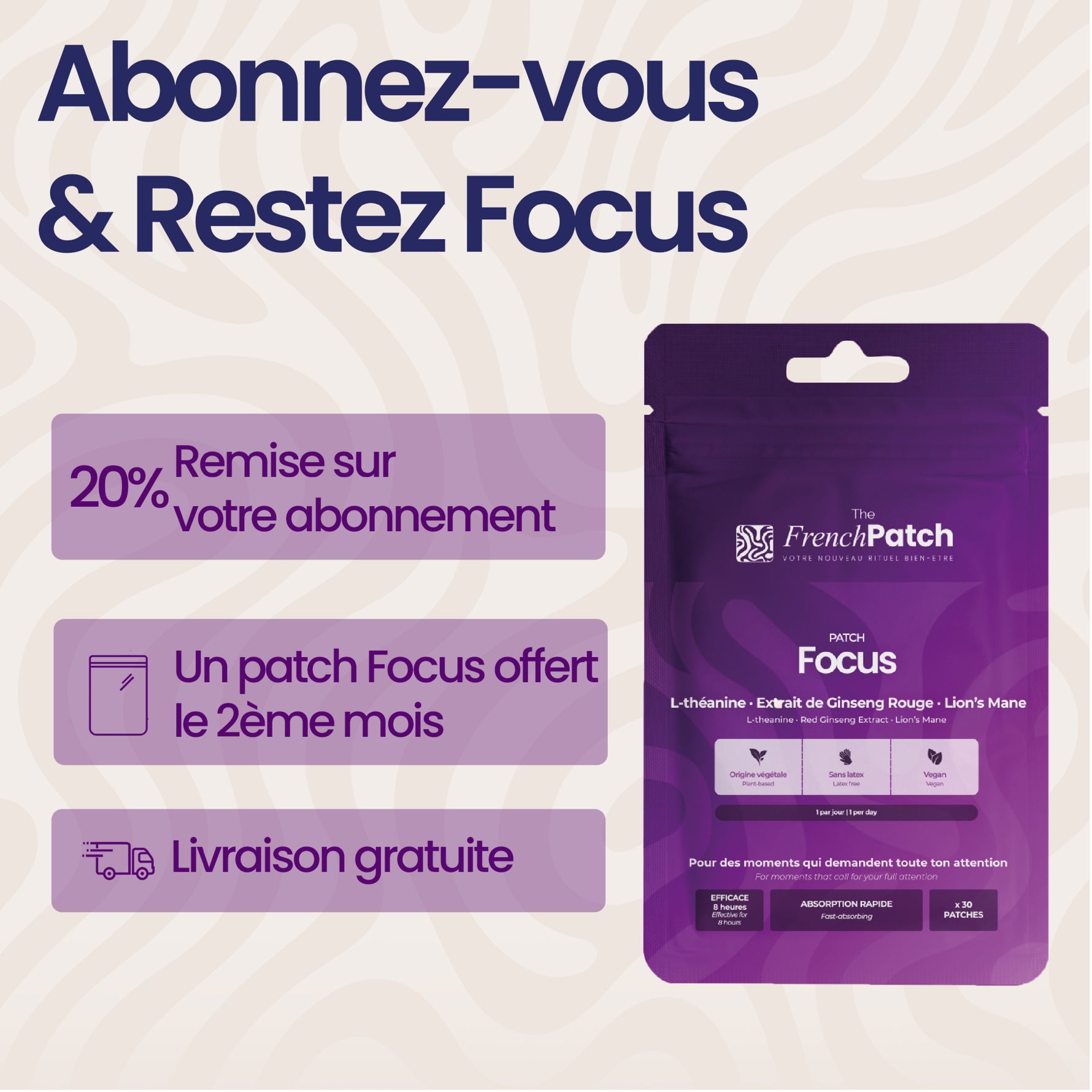 Abonnement Patch Focus The French Patch – 20% de remise, livraison gratuite, patch offert le 2ème mois.