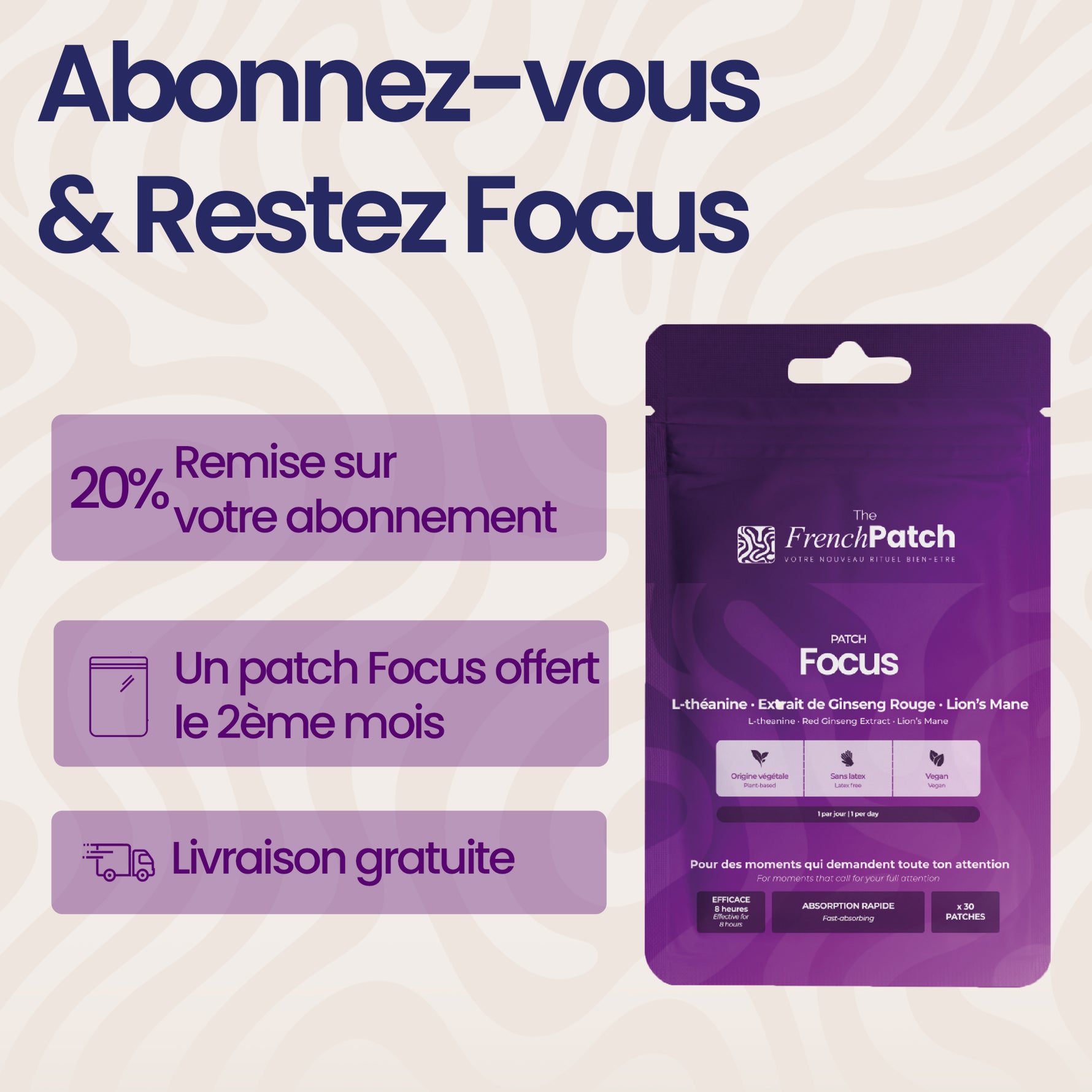 Abonnement Patch Focus The French Patch – 20% de remise, livraison gratuite, patch offert le 2ème mois.