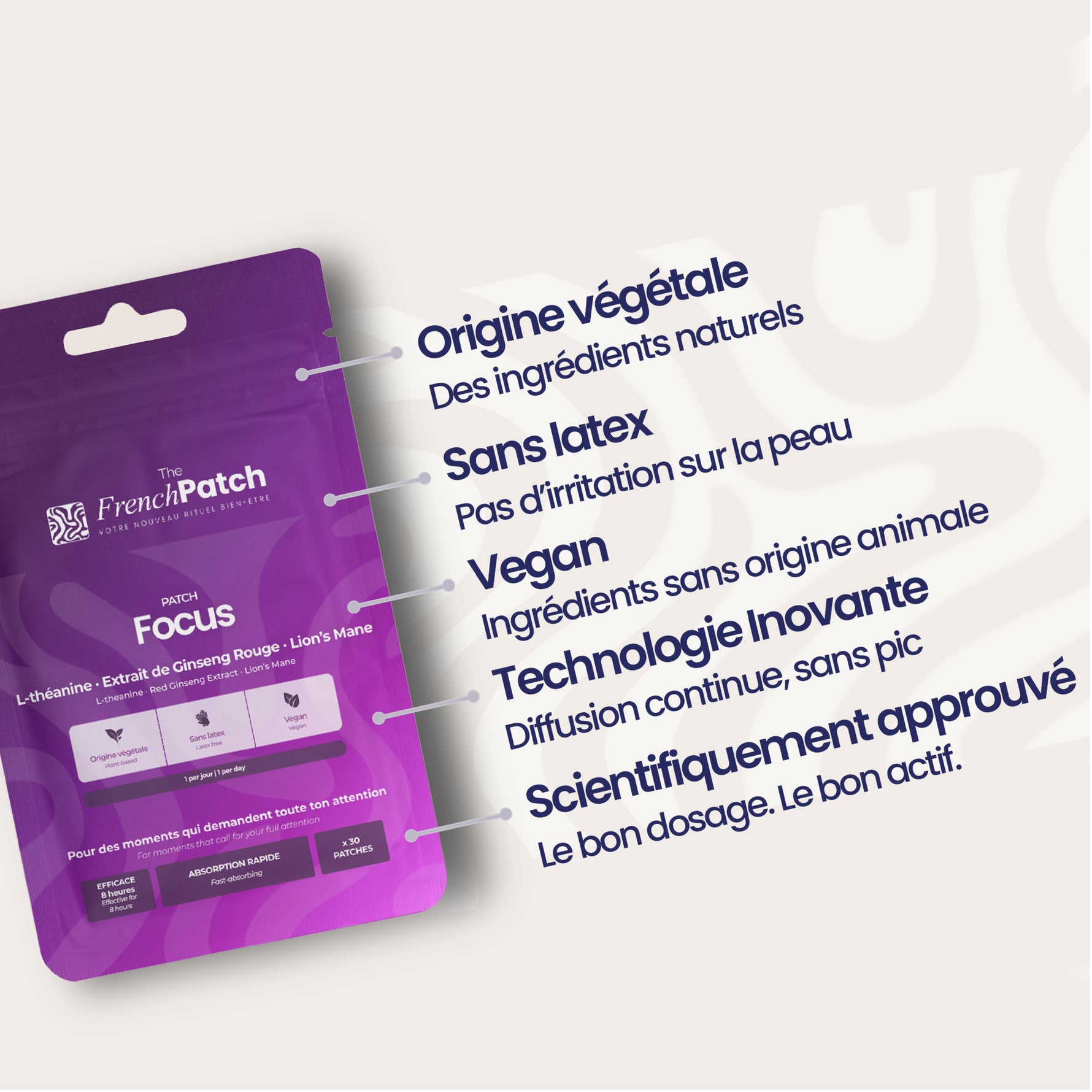 Sachet Patch Focus The French Patch – formule vegan, origine végétale, sans latex, technologie transdermique.