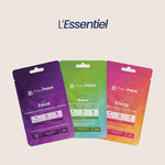 Trois pochettes de patches "L'Essentiel" par The French Patch : Focus, Relax, Energy.