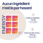 Ingrédients actifs du patch Energy The French Patch : Caféine végétale et Vitamine B12 active pour une énergie durable sans nervosité.