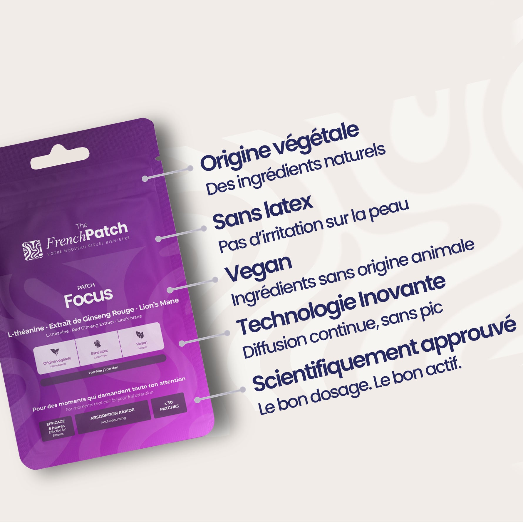 Sachet Patch Focus The French Patch – formule vegan, origine végétale, sans latex, technologie transdermique.