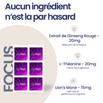 Ingrédients du patch Focus The French Patch : Ginseng rouge, L-théanine et champignon Lion's Mane pour la mémoire et la performance cognitive.
