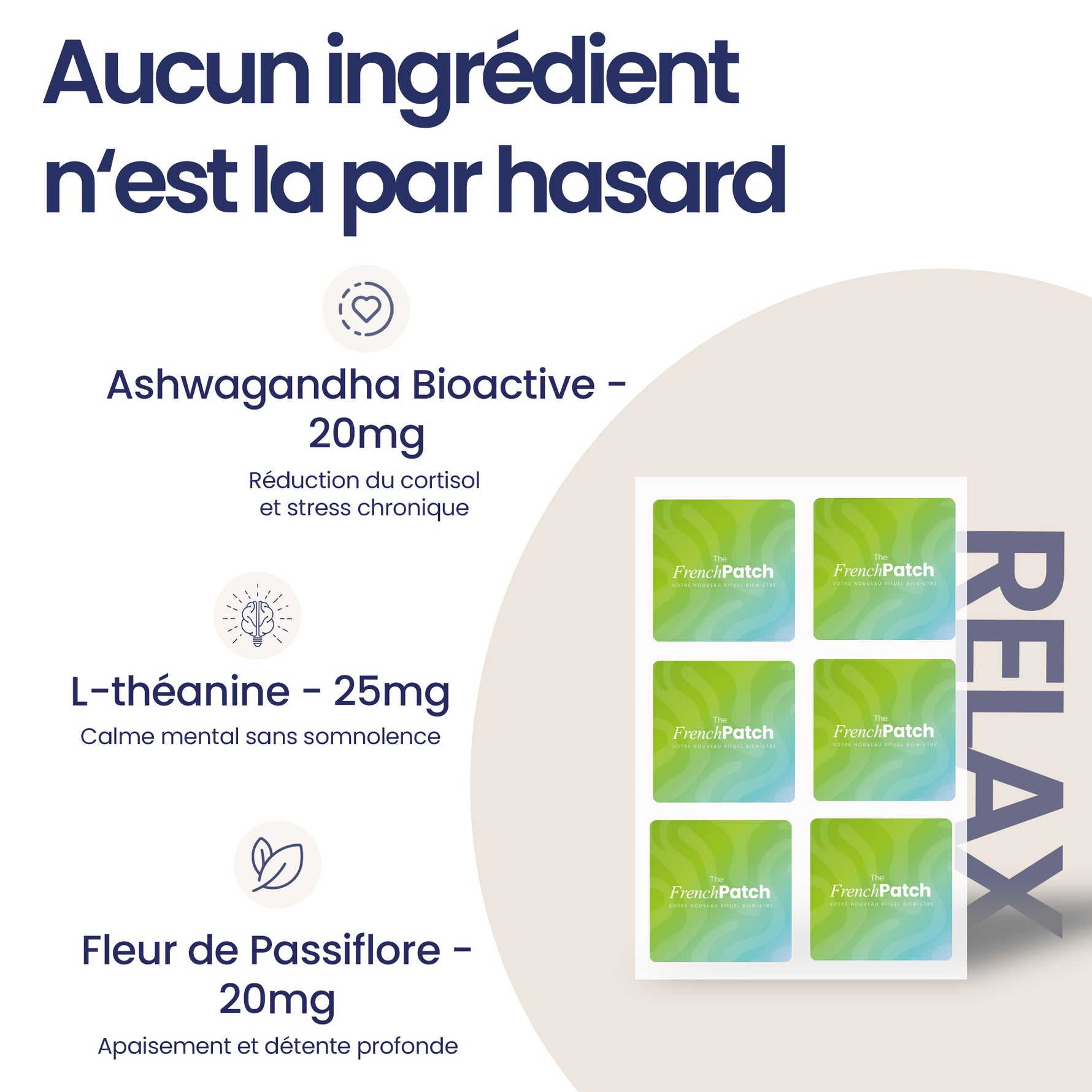 Ingrédients actifs du patch Relax The French Patch : Ashwagandha, L-théanine et fleur de passiflore pour réduire le stress sans somnolence.