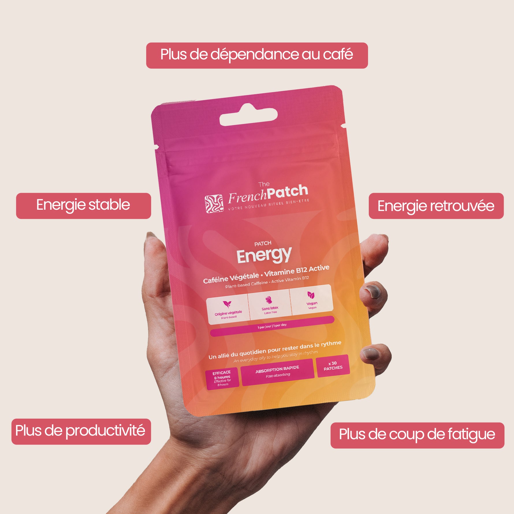 Pochette de patchs énergisants Energy par The French Patch à la caféine et vitamine B12 pour une énergie durable sans dépendance au café.