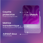 Structure du patch Focus The French Patch - couche protectrice, matrice transdermique, adhésif doux hypoallergénique.