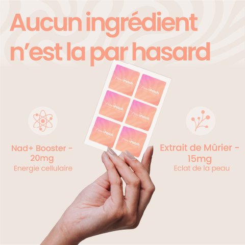 Ingrédients patch Glow Up The French Patch - NAD+ Booster 20mg, extrait de mûrier 15mg.