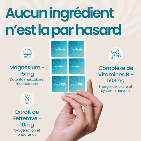 Ingrédients patch Recovery The French Patch - magnésium 15mg, complexe vitamines B 508mg, extrait de betterave 10mg.