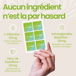 Ingrédients patch Relax The French Patch - L-théanine 25mg, ashwagandha bioactive 20mg, fleur de passiflore 20mg.