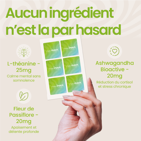 Ingrédients patch Relax The French Patch - L-théanine 25mg, ashwagandha bioactive 20mg, fleur de passiflore 20mg.